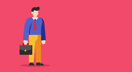 A flat-design illustration of a professional businessman holding a briefcase, standing against a vibrant red background. Ideal for corporate, finance, and career-related concepts.