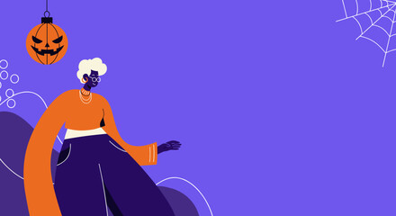 Vibrant illustration of a stylish person against a purple background, featuring Halloween elements like a hanging jack-o'-lantern and spiderweb. Ideal for holiday promotions and seasonal themes.