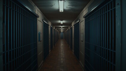 Dark prison hallway featuring rows of barred metal cell doors upon both sides, illuminated by overhead fluorescent lights, creating the cold and confined atmosphere within perspective view