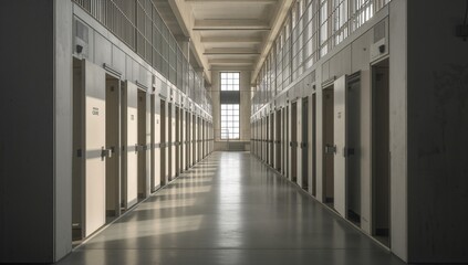 Deserted prison corridor featuring rows of open cell doors, illuminated by natural daylight from tall windows, creating the stark and somber atmosphere within the institutional setting