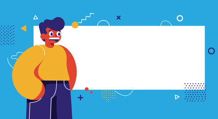 Friendly illustrated character with a happy expression stands next to a customizable empty text field, ideal for digital marketing or educational content.