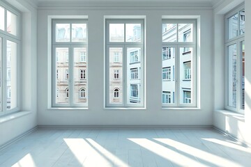 Fototapeta premium Bright Modern Room with Large Windows Overlooking Urban Architecture in Daylight