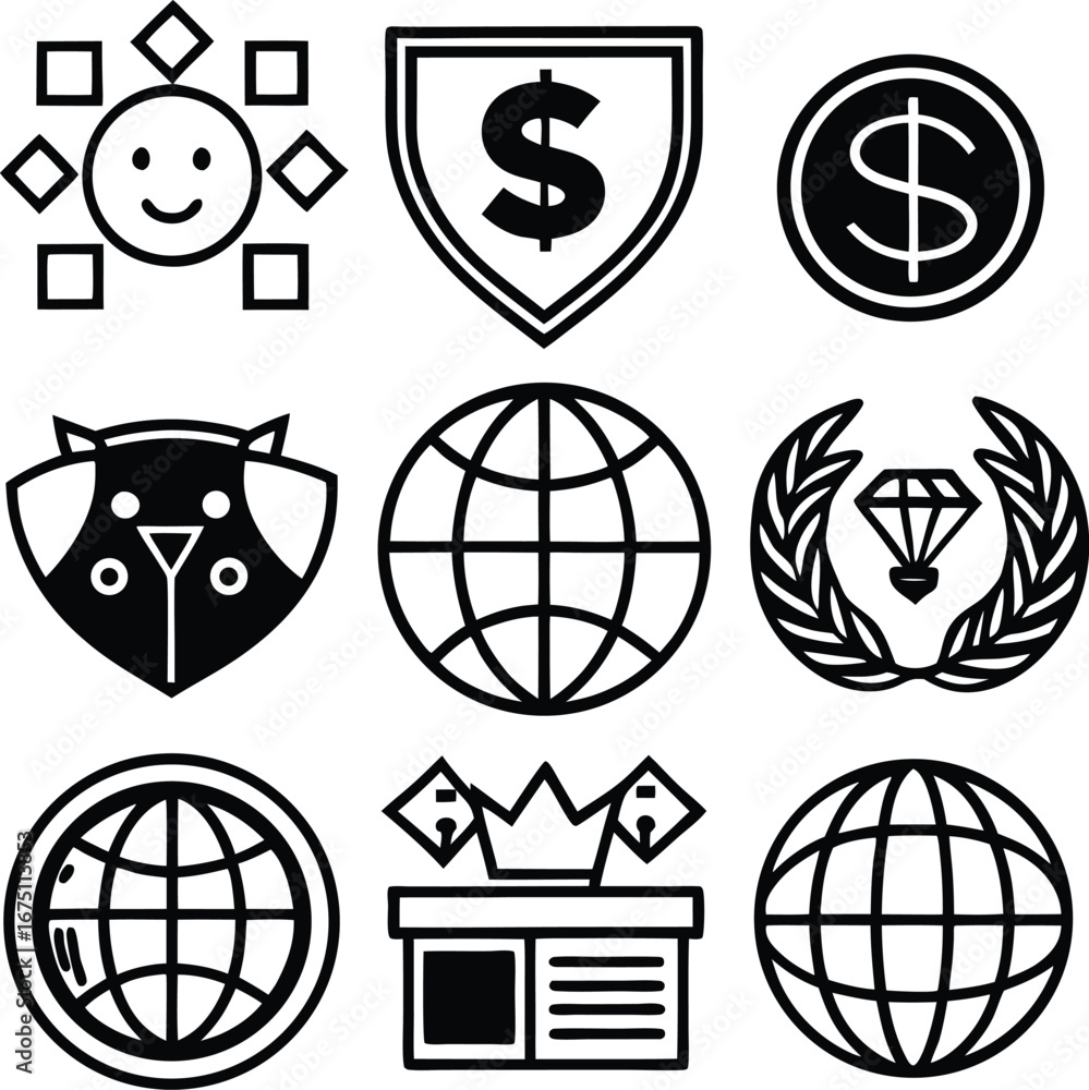 Poster collection of nine diverse black and white icons representing finance security global reach and reco