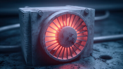 dust-clogged fan beside overheating heatsink glowing red fins maintenance needed scene illustration concept scene visual for commercial design use high detail quality stock image illustration concept 