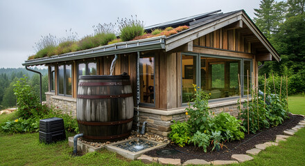 A modern wooden eco-house with a lush green roof and rainwater harvesting, an inspiring example of a Sustainable Lifestyle