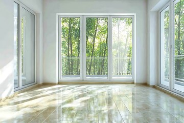 Fototapeta premium Bright and Airy Empty Room with Large Windows Overlooking Lush Green Trees and Natural Light