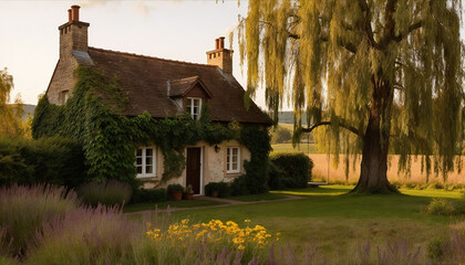Garden and house in UK style. Front of English House. Scenic View of Colorful Flowerbeds and an Attractive English Formal Garden. Exterior of old house with flowers and plants. Properties in UK.