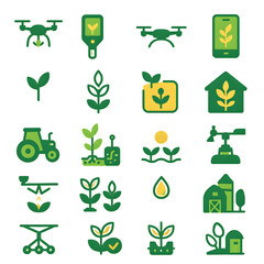 Collection modern flat icons representing smart farming, precision agriculture, drone technology. Ideal presentations, websites, applications.