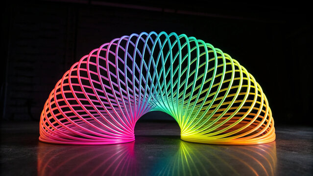 Rainbow Colored Slinky Toy Forming an Arch on Reflective Surface colors spectrum