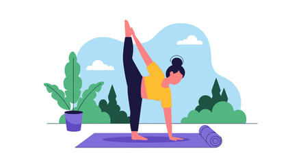 Woman practicing yoga outdoors in a park setting, showcasing flexibility and wellness. Ideal for health, fitness, and mindful lifestyle content.