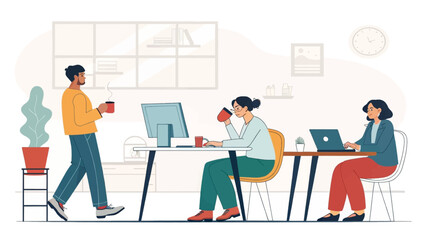 Diverse team of professionals working in a modern office environment, collaborating and focusing on their tasks. Depicts productivity, office life, and a dynamic work culture.