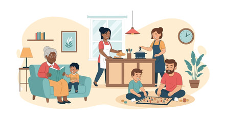 Joyful multi-generational family scene at home: reading, cooking, and playing board games. Captures warmth and togetherness.