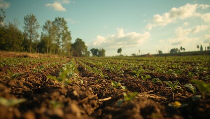 Rows of young green crops sprout from fertile soil within the wide farmland under warm sunset light, featuring trees and a partly cloudy sky creating a calm rural atmosphere