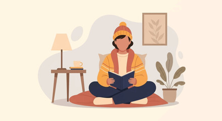 Person relaxes by reading a book in a warm, cozy home environment, perfect for quiet leisure, comfort, and mindful self-care.