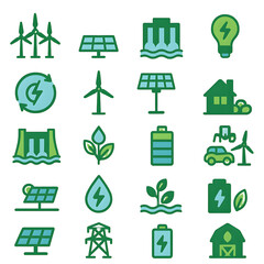 Collection diverse green energy icons depicting renewable resources like solar panels, wind turbines, hydropower, electric vehicles. Ideal eco-friendly projects.