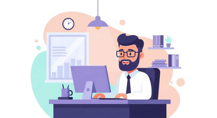 Professional businessman working on a computer in a modern office setting, representing productivity, finance, and career success.