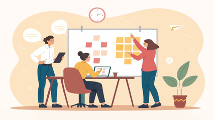 Professional women collaborating in a modern office, brainstorming ideas with sticky notes on a whiteboard. Ideal for business strategy and team productivity.