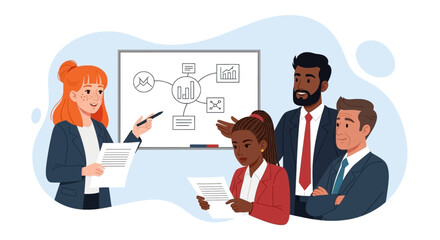 Diverse business team collaborates during a professional presentation with charts on a whiteboard. Ideal for concepts of strategy, teamwork, and corporate training.