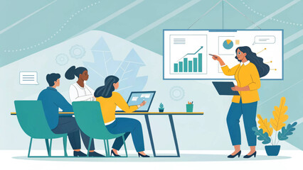 A diverse business team collaborates in a modern office, with a female leader presenting data analytics on a screen, symbolizing corporate growth and strategy.