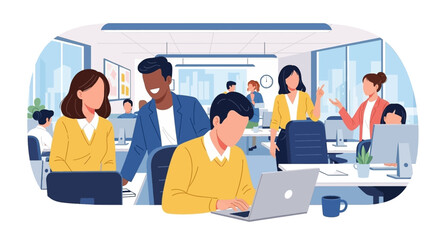 Diverse business team collaborating and working diligently in a modern open-plan office environment. Ideal for corporate, teamwork, and professional concepts.