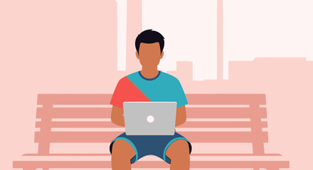 Young person working remotely on a laptop outdoors on a park bench, representing flexible work, education, and digital lifestyle in an urban setting.