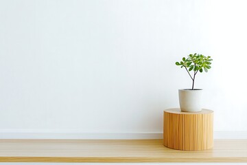Modern minimalist decor with a small green plant in a pot on a wooden pedestal table