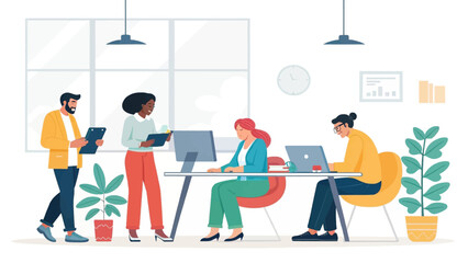 Diverse team collaborating and working diligently in a modern office. Represents teamwork, productivity, and professional success in a contemporary business environment.