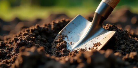 Shiny spade partially buried, loose soil around blade , agriculture, shovel