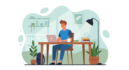 Young man engaged in remote work or online study at a home office desk, using a laptop and enjoying coffee. Ideal for modern business, education, and lifestyle themes.