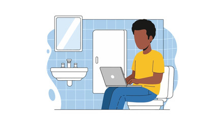 Illustration of a man using a laptop on a toilet, depicting remote work, multitasking, or a humorous and unconventional home office.