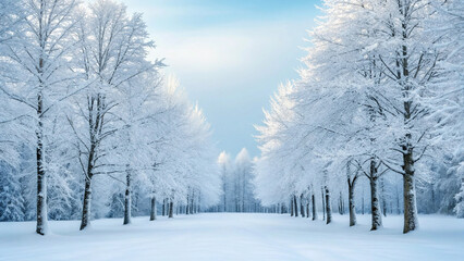 Obraz premium Snow- Covered Trees Lining a Path in a Serene Winter Landscape image photo