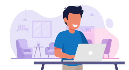 Smiling man works happily on laptop in a comfortable home or modern office environment, representing remote work, online learning, and digital lifestyle.
