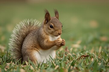 Fototapeta premium Squirrel eating nut, park grass, autumn leaves, nature