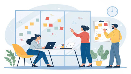 Diverse business team collaborates in a modern office, brainstorming ideas and planning projects using a whiteboard and laptops. Represents teamwork, strategy, and innovation.
