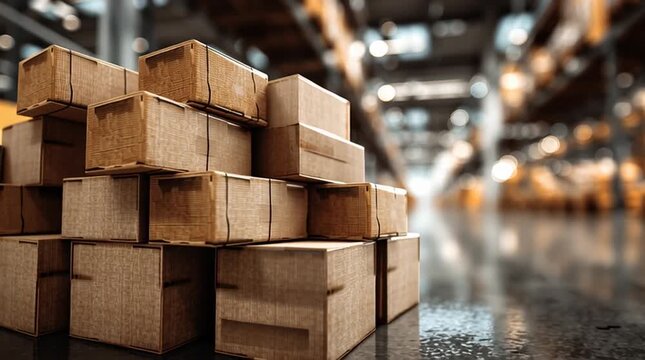 A stack of cardboard boxes in a warehouse with blurred background showing rows of shelves and lighting