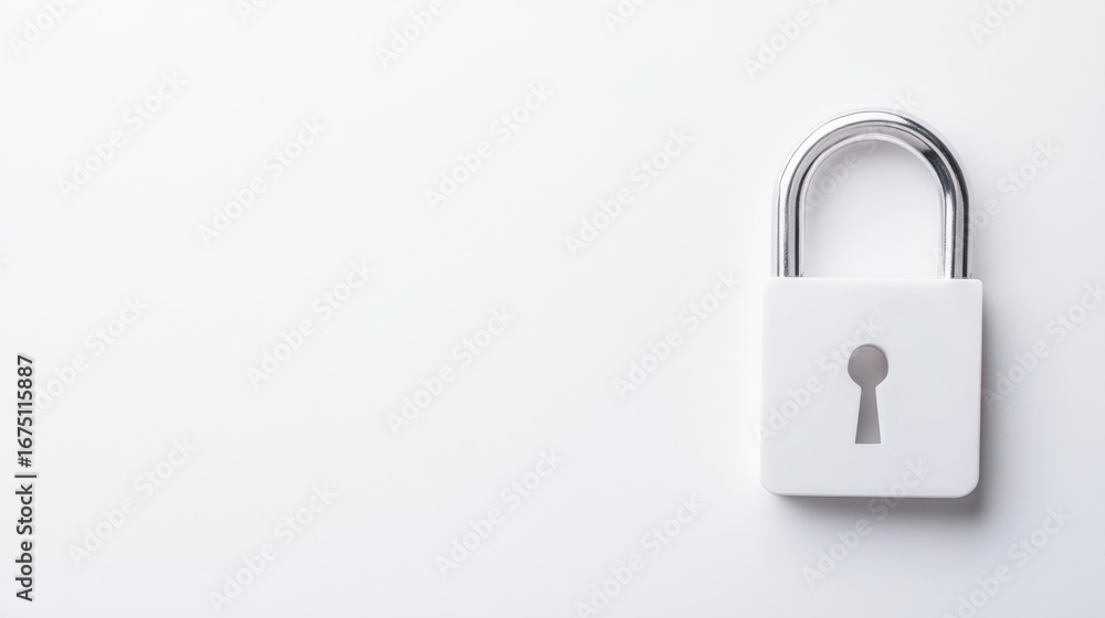 Poster white padlock with keyhole on minimalist surface for security concepts