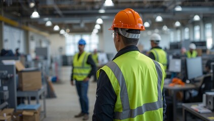 Group of engineers within reflective vests and helmets working inside the bright industrial workspace, featuring safety gear visible under artificial lighting and modern equipment around