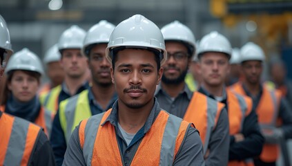 Group of construction workers within safety vests and helmets standing together upon site, featuring one man in focus, captured in natural daylight with the confident atmosphere