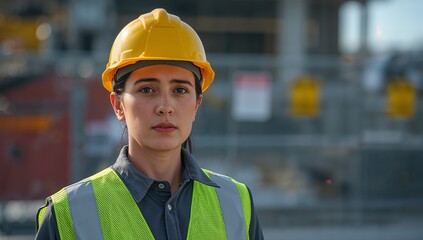 Young female construction worker within yellow hard hat and reflective vest standing at an outdoor building site in daylight, featuring blurred industrial background and neutral expression