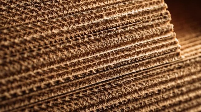 Detailed close up of stacked brown corrugated cardboard sheets with rough edges and textured surface