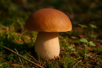 Wild Mushroom on Mossy Forest Floor with Sunlight