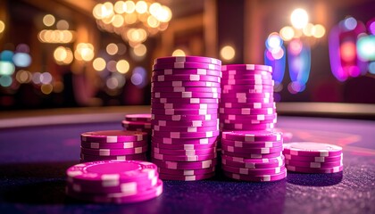 Purple casino chips stacked on a table, blurred background