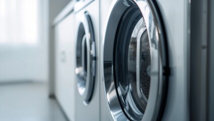 Close-up view of sleek modern washing machines inside the bright laundry room featuring natural daylight, showing reflective glass doors and clean minimal interior design