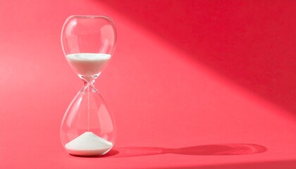 A transparent hourglass with white sand flows mid-cycle against a vivid red backdrop—capturing the tension of time, urgency, and the quiet elegance of passing moments.
