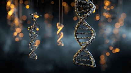 Genetic engineering theme, 3D models of DNA double helix structure and gene editing tools suspended against a black background, glowing gene chain fragments beside them, background is a tech - inspire