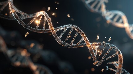 Genetic engineering theme, 3D models of DNA double helix structure and gene editing tools suspended against a black background, glowing gene chain fragments beside them, background is a tech - inspire