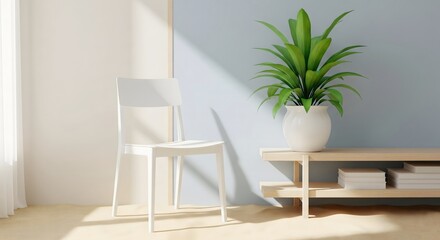 Modern minimalist interior with a white chair and a potted plant bathed in sunlight