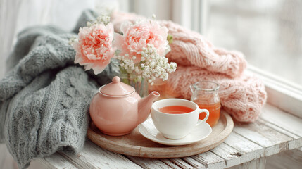 cozy scene featuring twisted blanket draped over stool by window softly illuminated by natural sunlight