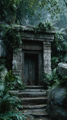 Ancient temple entrance, stone door, jungle, overgrown, mysterious, mossy, weathered