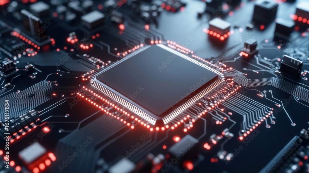 Poster close-up of a microchip on a circuit board with red led lights